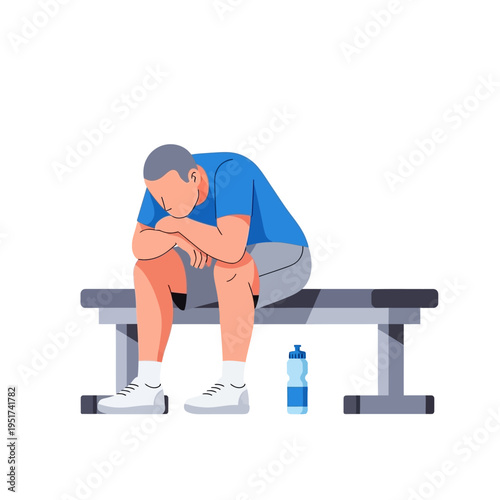 Man sitting on gym bench, head down, exhausted after workout, water bottle beside him.