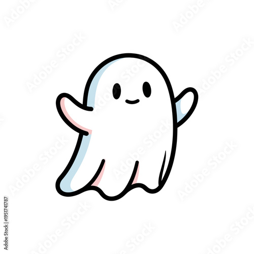 Cute cartoon ghost waving happily, simple white character, isolated on white background.