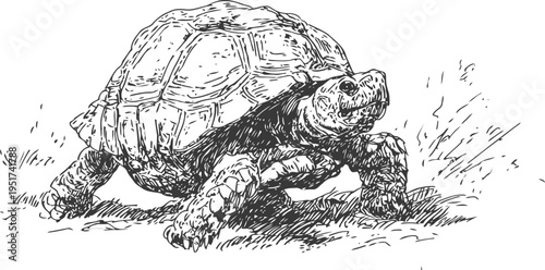 Tortoise walking on grass with detailed shell texture, reptile illustration in nature
