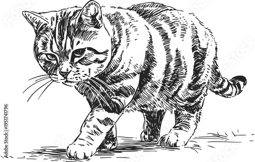 black and white sketch of a walking cat with detailed fur and attentive expression