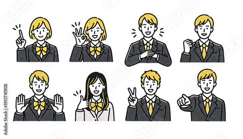 People in suits making various hand gestures and facial expressions, including pointing, giving a thumbs up, and showing peace signs.