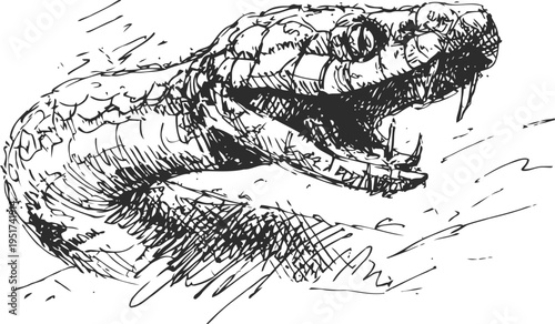 Close up sketch of a viper snake with open mouth showing fangs and scales detail