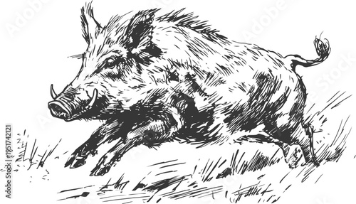 Wild boar running in the forest sketch of aggressive animal with tusks and bristly fur