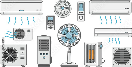 Air Conditioning and Cooling Appliances Set: Air Conditioners, Fans, Heaters, and Air Ventilation Units in Flat Design