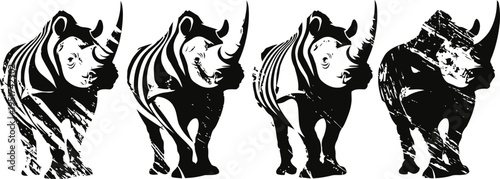 Four stylized rhinoceros silhouettes in a row with varying artistic black and white patterns