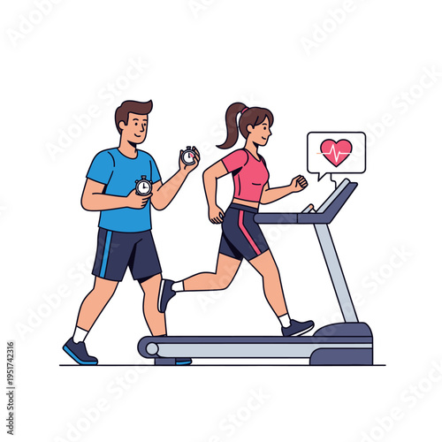 Fitness Trainer Supervising Woman Running on Treadmill with Heart Rate Monitor
