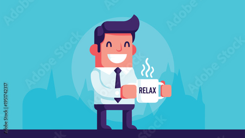 Cheerful office worker holds a white mug with a relax message to suggest taking a break for coffee or tea during a busy work day.