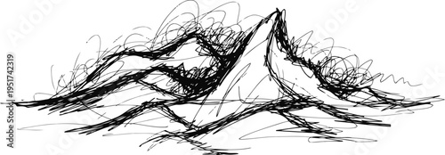 mountain landscape sketch with peaks and slopes, expressive ink drawing, nature wilderness scenery