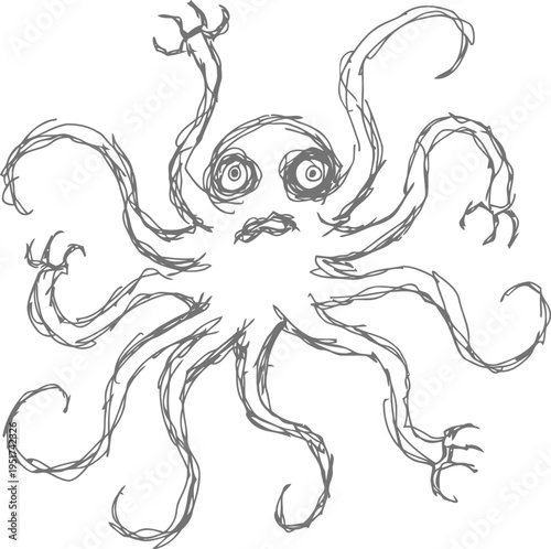 abstract octopus sketch with expressive eyes and multiple wavy arms swirling dynamically