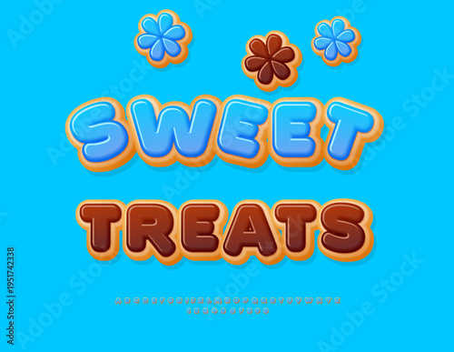 Vector Marketing sticker Sweet Treats. Delicious Glazed Font. Cake style Alphabet Letters and Numbers set.