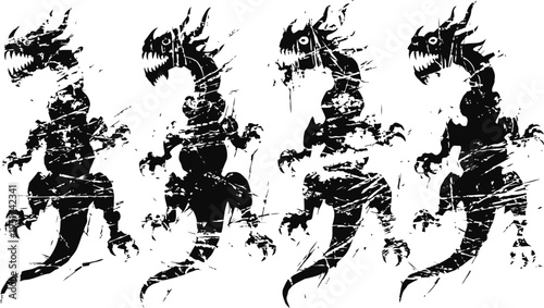Grunge dragon silhouettes set four distressed mythical creature shapes in black and white