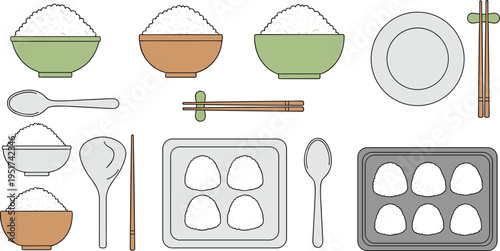Kitchen Appliances and Cooking Tools Icon Set with Steam, Rice Cooker, Microwave, and Cooking Pots for Home Kitchen Use