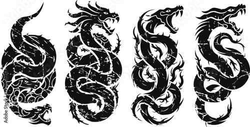 Set of black asian dragon silhouettes in vertical poses with fierce expressions and curved bodies