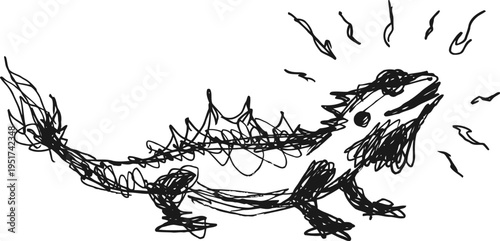 Black ink sketch of a lizard with spiky tail and open mouth, abstract reptile drawing with dynamic lines
