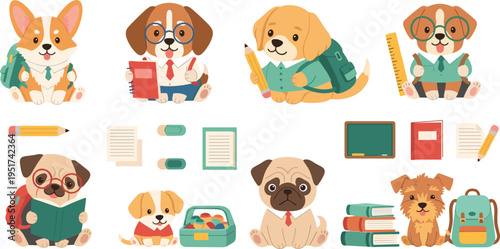 Cute cartoon dogs as students reading books studying with school supplies backpack classroom education vector illustration set