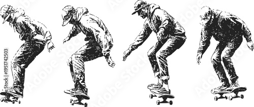 Skateboarder performing a kickflip trick sequence in motion on a white background