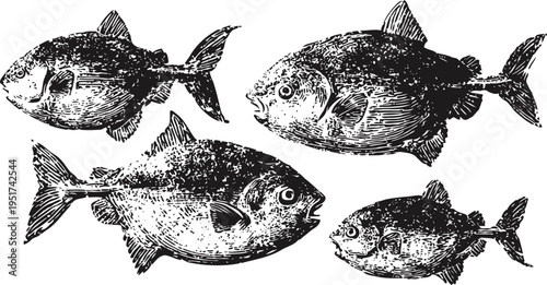 vintage black and white illustration of four different fish species swimming in various directions
