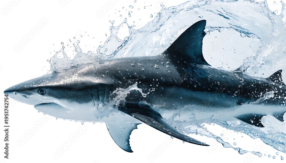 Fototapeta premium Predatory mako shark swims in ocean side view. AI GENERATED.
