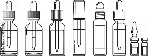 Cosmetic Bottles and Droppers Icons Set with Serum, Essential Oils, and Skincare Containers for Beauty and Personal Care Products