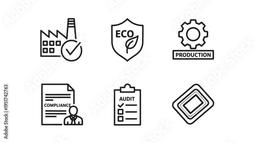 A collection of business icons representing eco production, compliance, and audit concepts, suitable for marketing, advertising, and educational materials.