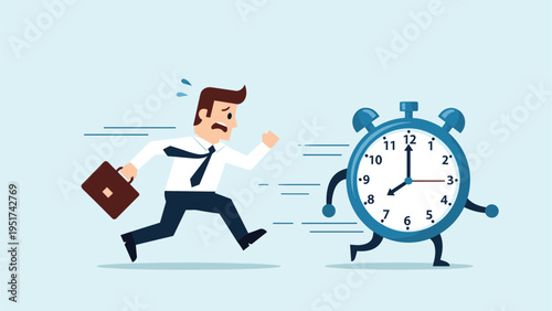 Stressed businessman with a briefcase running away from a giant blue alarm clock with legs and arms chasing him.