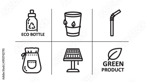 a collection of eco friendly product icons including reusable bottle, recyclable cup, straw, cloth bag, solar panel and green product leaf symbol, representing sustainable living