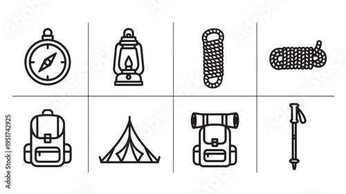 A collection of black line art icons featuring camping and hiking equipment on a white background, suitable for outdoor and travel related marketing materials