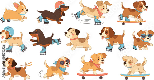 Cute cartoon dogs roller skating and skateboarding playful puppy characters sports activity vector illustration set for kids
