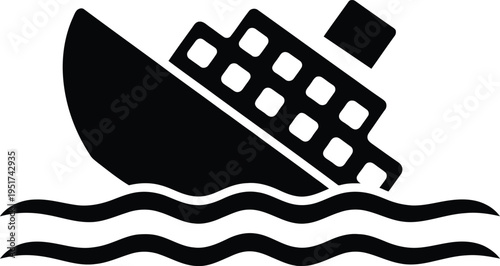 A sinking cruise ship amidst turbulent waters in a black and white illustration