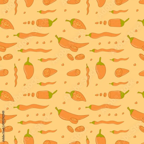 hand drawn chilli pepper seamless pattern, doodle chilli pattern background