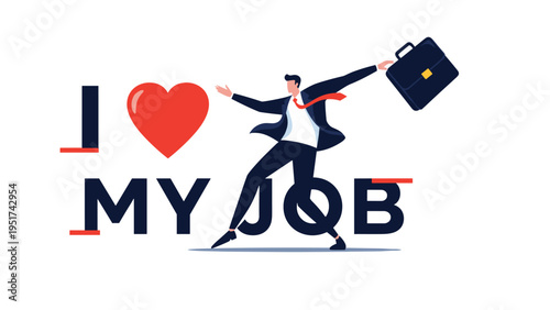 Energetic man in a suit jumps high into the air with a briefcase next to a large text that says i love my job to show career passion.