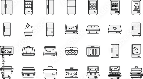 Refrigerators, Freezers, and Kitchen Appliances Icons Set with Various Models, Temperature Controls, and Digital Displays for Home and Commercial Use