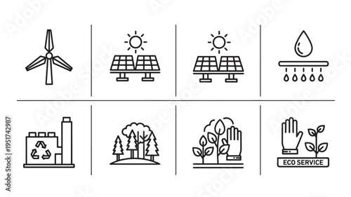 a collection of line art icons representing eco friendly concepts and sustainable living, including renewable energy sources and environmental conservation