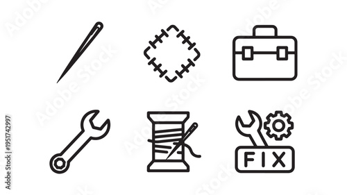 A collection of line art icons featuring tools and symbols for repair, sewing, and maintenance, potentially used for educational or marketing purposes.