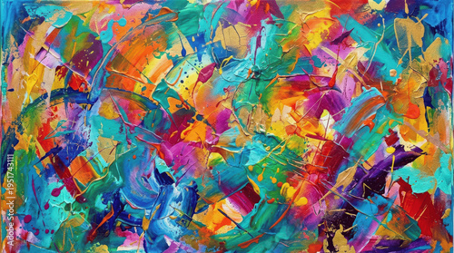 Vibrant Abstract Acrylic Palette Knife Painting with Gold Accents and Textured Brushstrokes