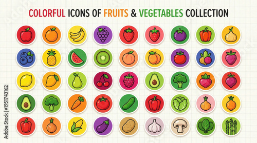 Flat Design Icon Set of Colorful Fruits and Vegetables