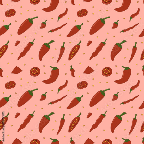 hand drawn chilli pepper seamless pattern, doodle chilli pattern background