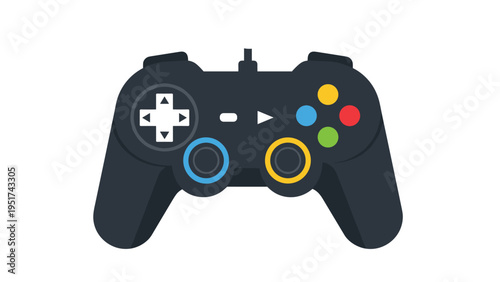 Classic black video game controller with colorful buttons is shown as a symbol for gaming entertainment and digital leisure activities.