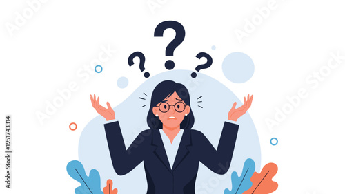 Confused businesswoman in a dark suit shrugs her shoulders while question marks float above her head to indicate doubt or uncertainty.