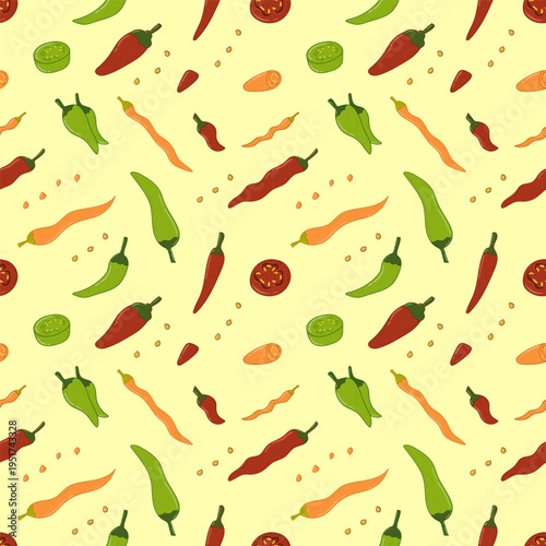 hand drawn chilli pepper seamless pattern, doodle chilli pattern background
