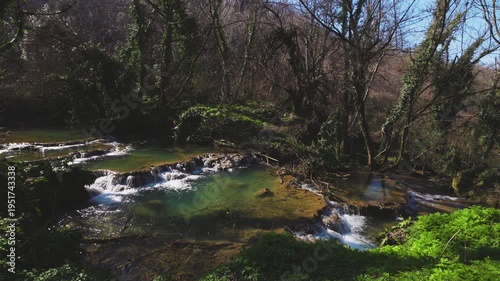 4k with the Krushuna waterfall in Bulgaria during March in slow motion