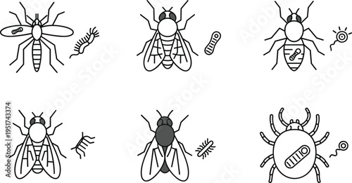 Insect Pests Icons Set with Flies, Ticks, and Parasites for Pest Control, Hygiene, and Agricultural Use