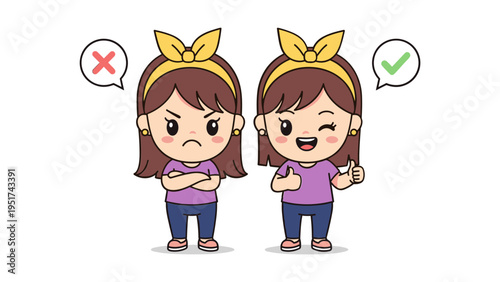 girl with bunny ears debating choices good vs bad decision vector illustration
