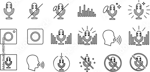 Voice and microphone icon collection featuring recording, mute, search, sound waves, speech and audio level indicators in thin line style for web and app UI, editable stroke eps