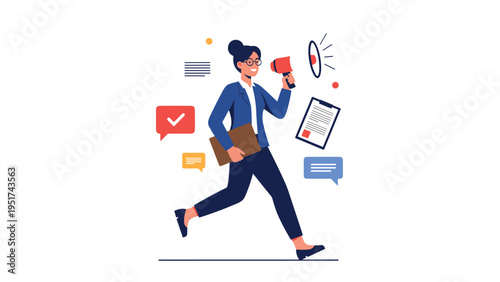 Businesswoman runs quickly while carrying a megaphone and documents illustrating a busy schedule and active communication in the office.