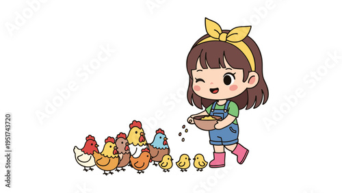 little girl feeding colorful baby chicks in farmyard flat design vector illustration