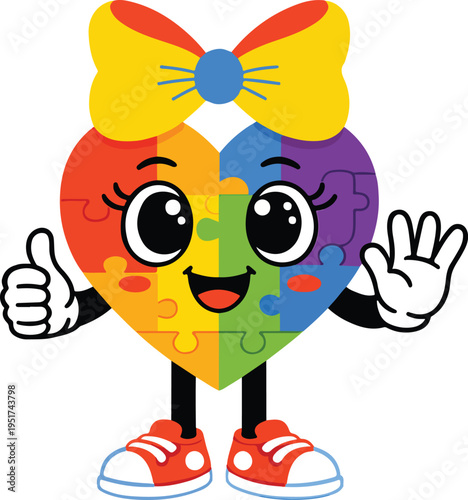 Cute Autism Puzzle Heart Character Vector Illustration, Cartoon Neurodiversity Awareness Mascot