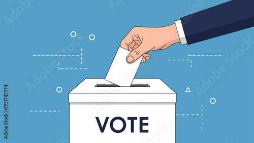 Hand of a citizen placing a voting ballot into a white box representing democracy election processes and the right to choose political leaders.