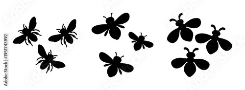 Black silhouette of flying insects vector art illustration of butterflies and bees design elements