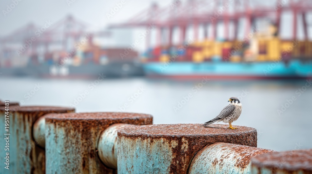 Fototapeta premium Peregrine falcon perched on a rusty bollard in harbor with cargo ships and cranes blurred in background